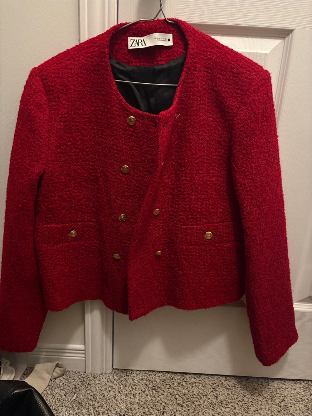 Zara Red Bouclé Double-Breasted Blazer with Gold Buttons